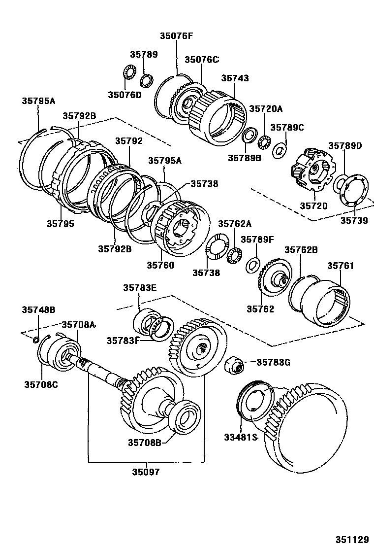 Toyota COROLLA 行星齿轮、倒档活塞和中间轴齿轮(ATM) EPC diagram — 351129