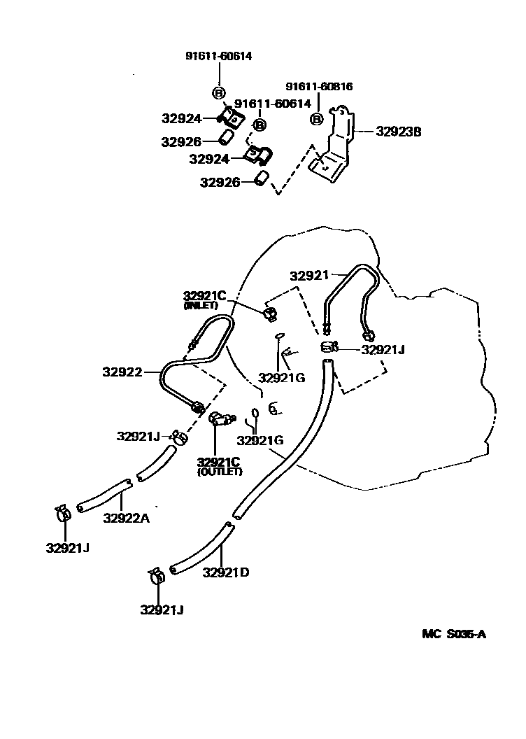 Toyota COROLLA 变速器油冷却器和配管(ATM) EPC diagram — MCS035A