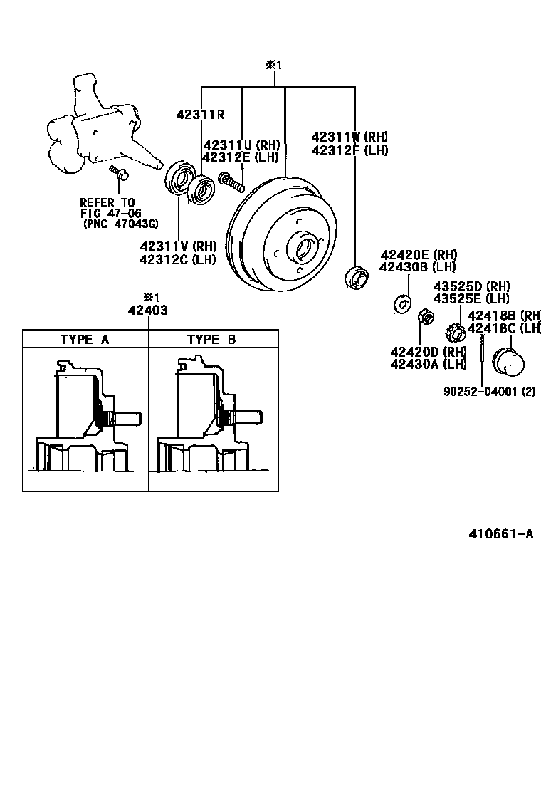 Toyota COROLLA 后桥半轴和后桥轮毂 EPC diagram — 410661A