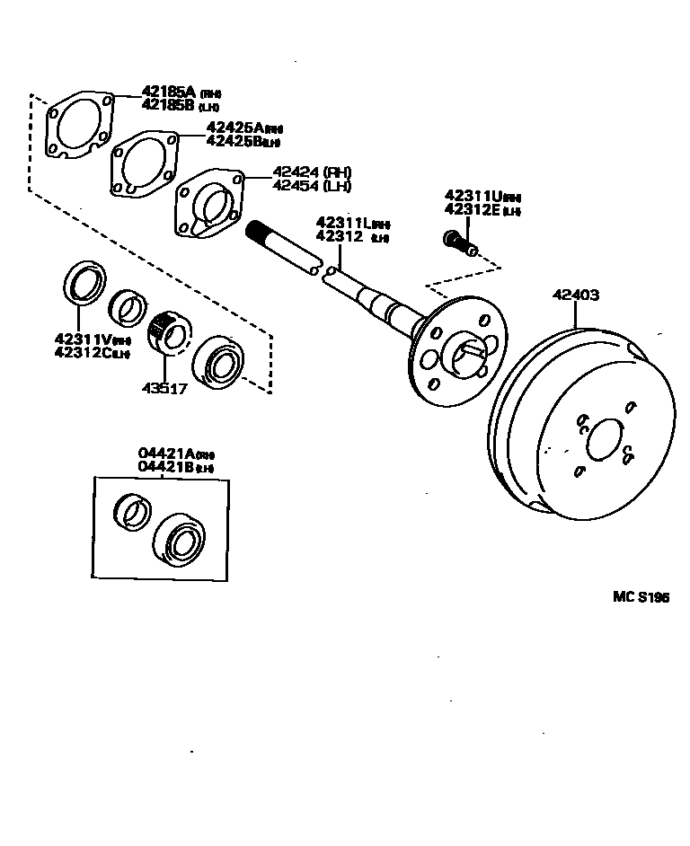 Toyota COROLLA 后桥半轴和后桥轮毂 EPC diagram — MCS196