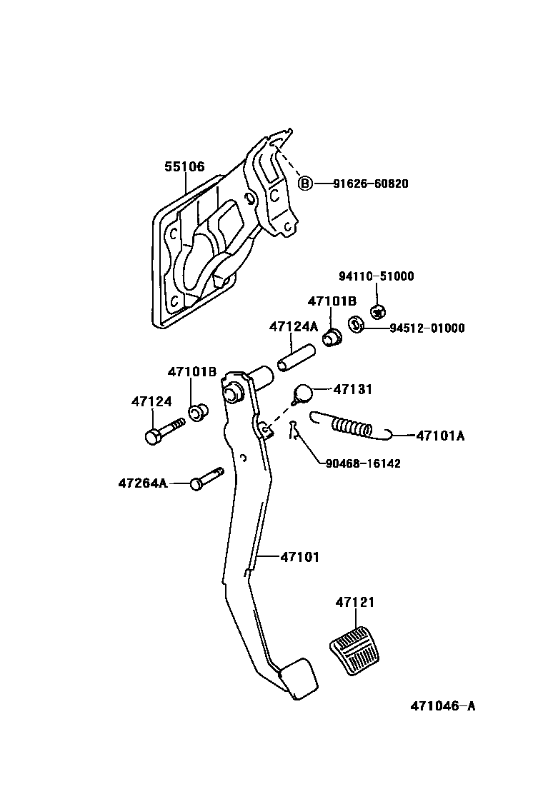 Toyota COROLLA Brake Pedal & Bracket EPC diagram — 471046A