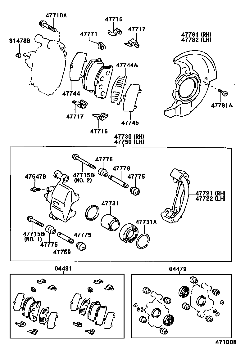 Toyota COROLLA 前盘式制动器卡钳和防尘罩 EPC diagram — 471008