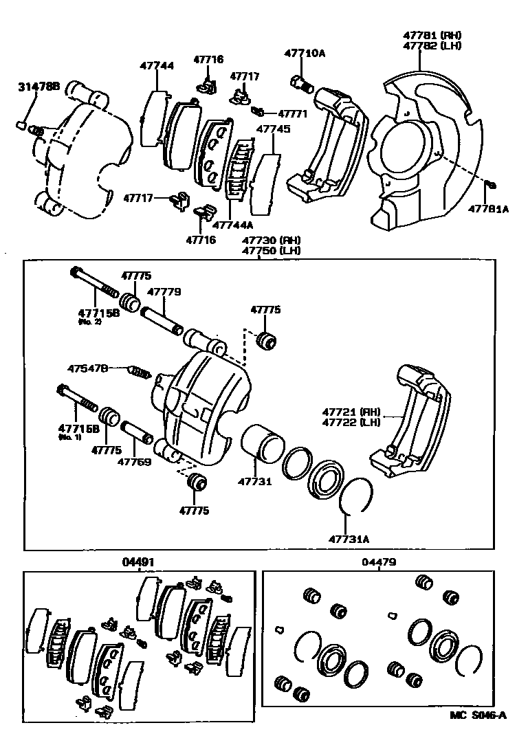 Toyota COROLLA 前盘式制动器卡钳和防尘罩 EPC diagram — MCS046A