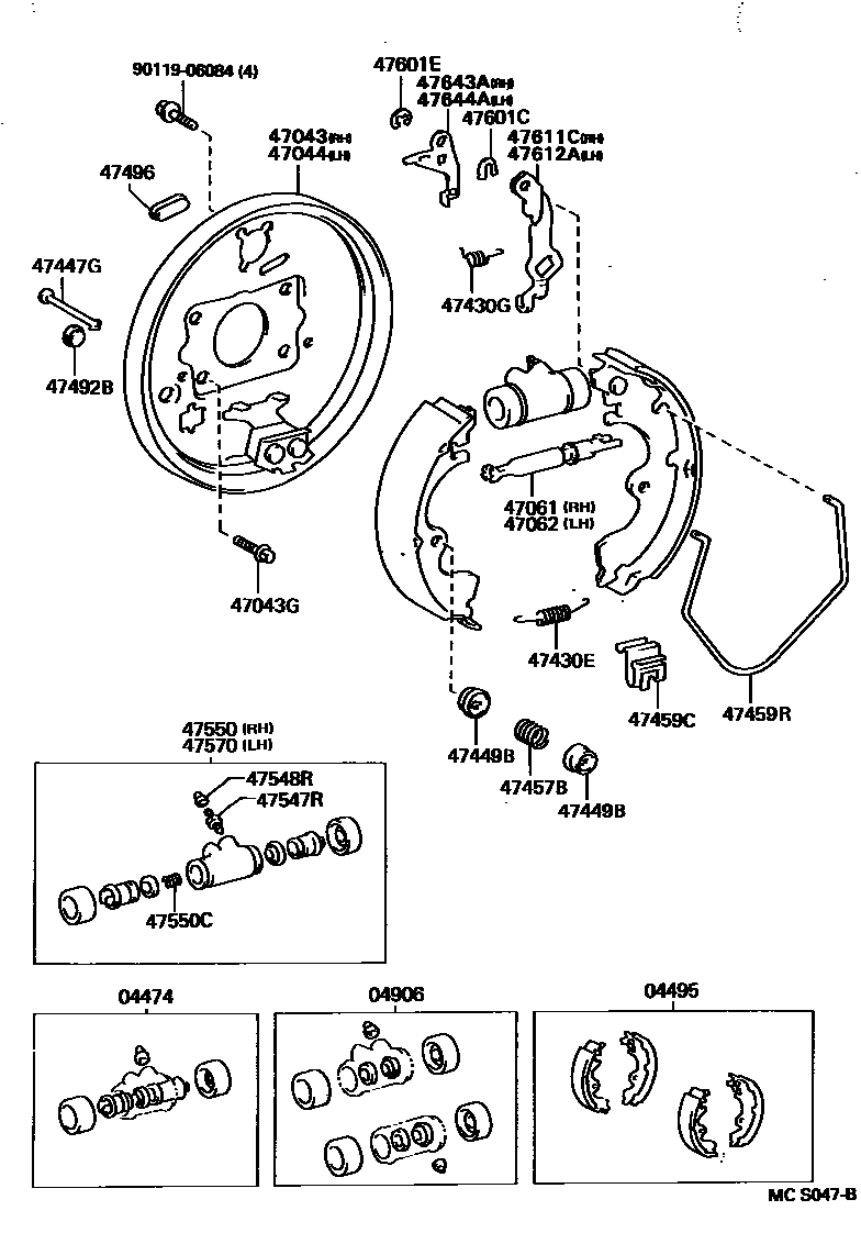Toyota COROLLA 后鼓式制动器分泵和底板 EPC diagram — MCS047B