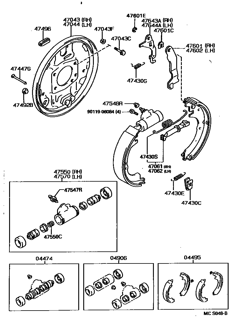 Toyota COROLLA 后鼓式制动器分泵和底板 EPC diagram — MCS048B