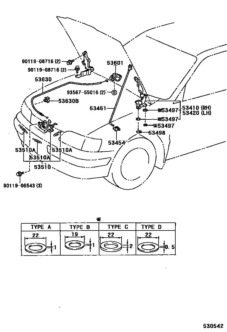 Toyota COROLLA 发动机盖锁和铰链 EPC diagram — 530542