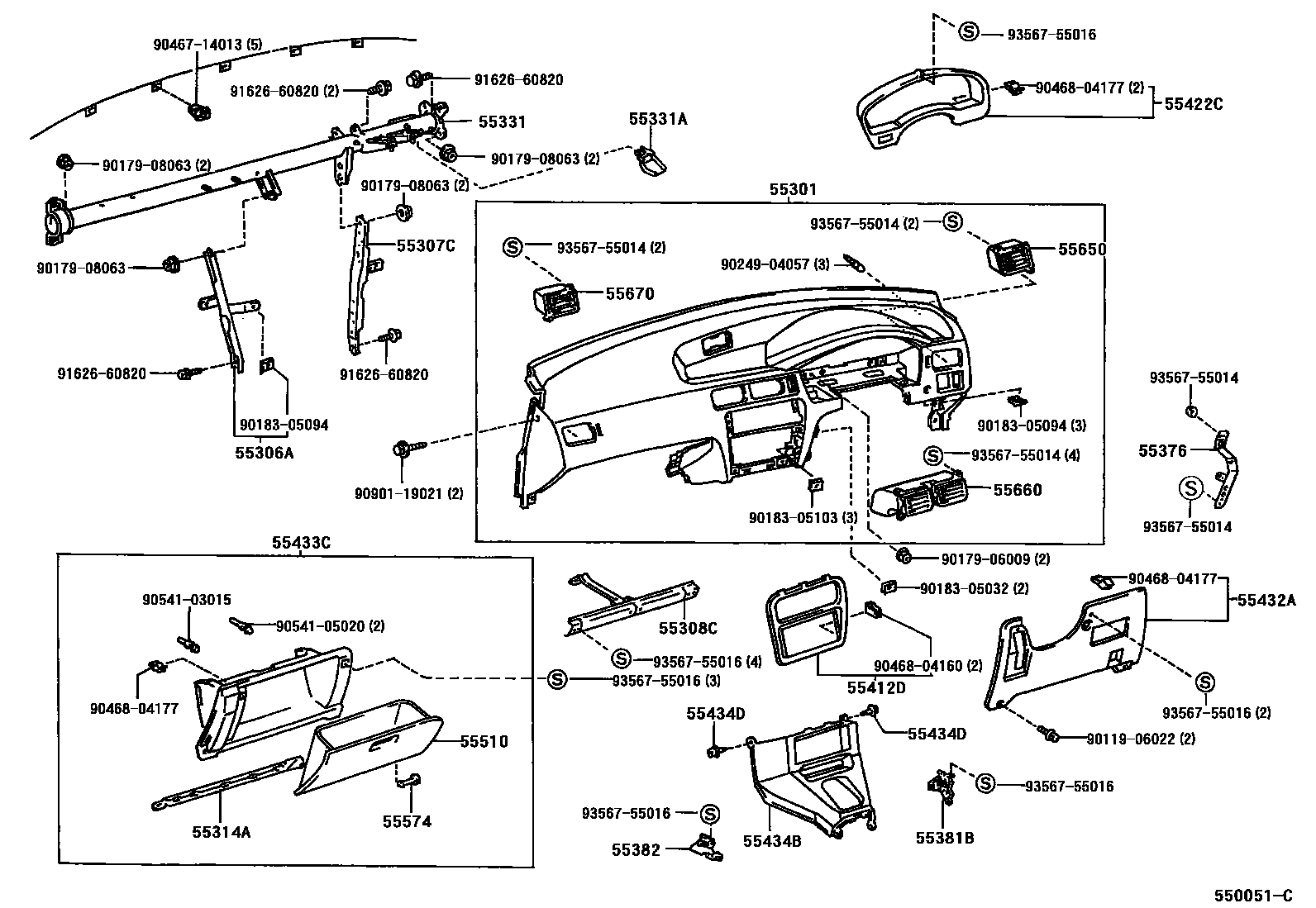 Toyota COROLLA 仪表板和手套箱 EPC diagram — 550051C