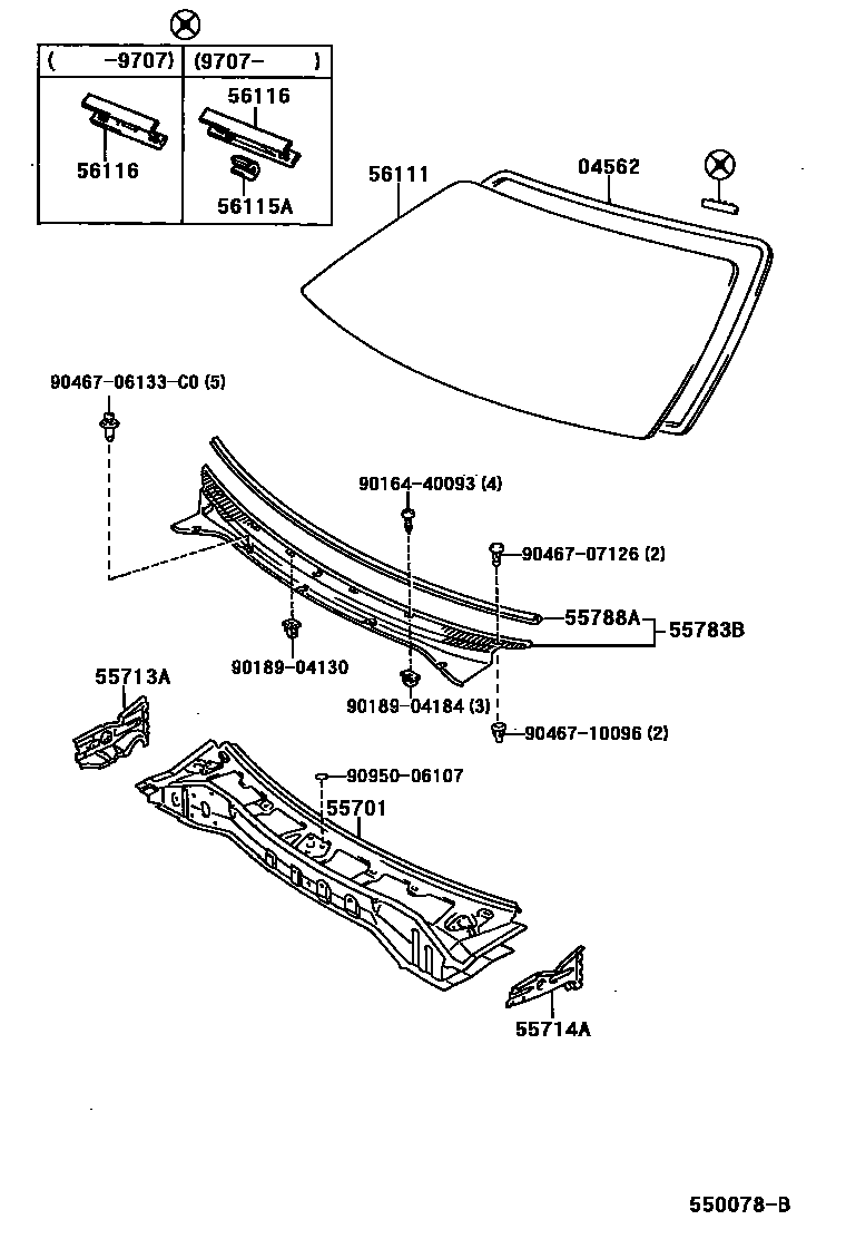 Toyota COROLLA 前围板和挡风玻璃 EPC diagram — 550078B