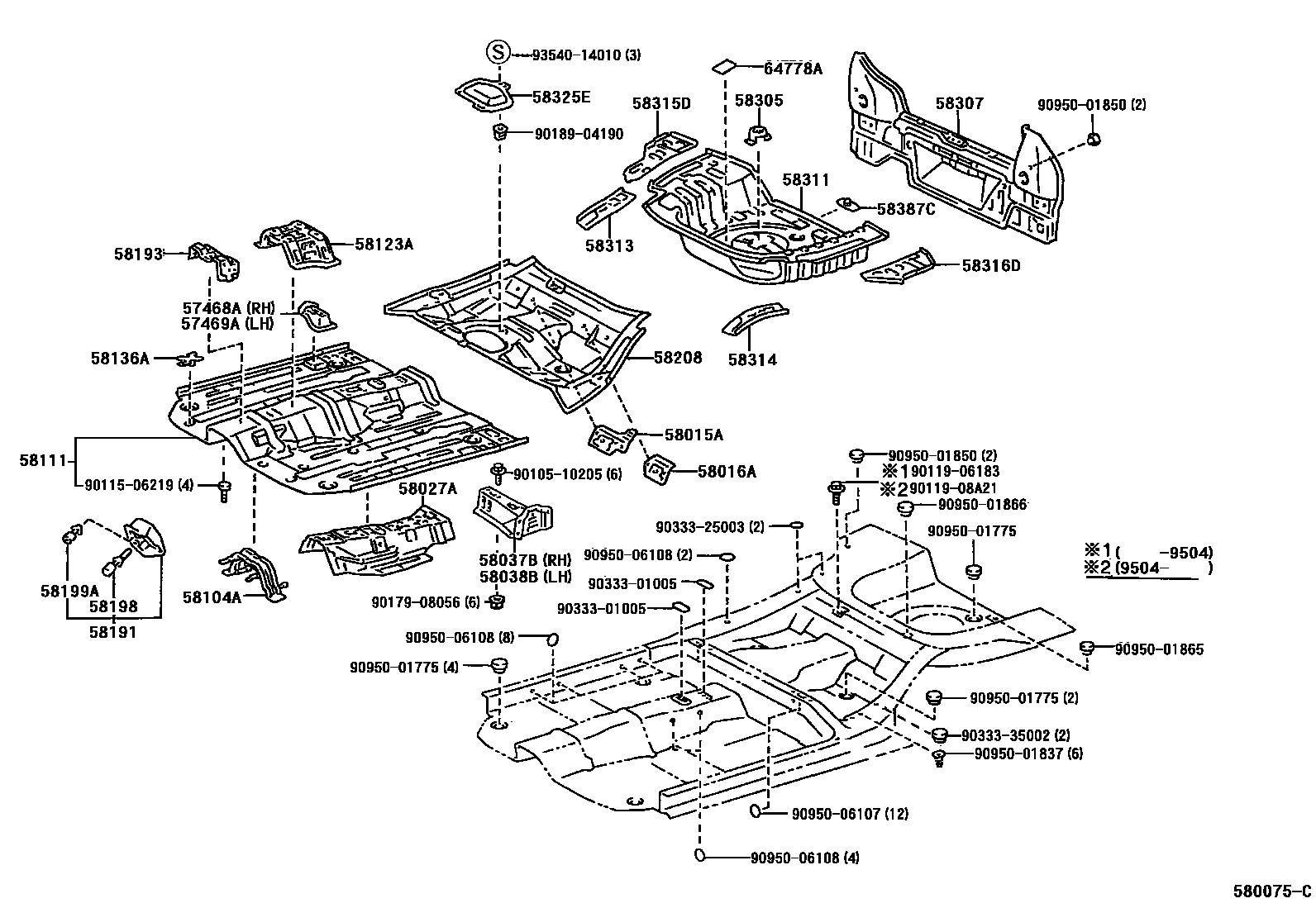 Toyota COROLLA 浅盘形地板和车身下背板 EPC diagram — 580075C