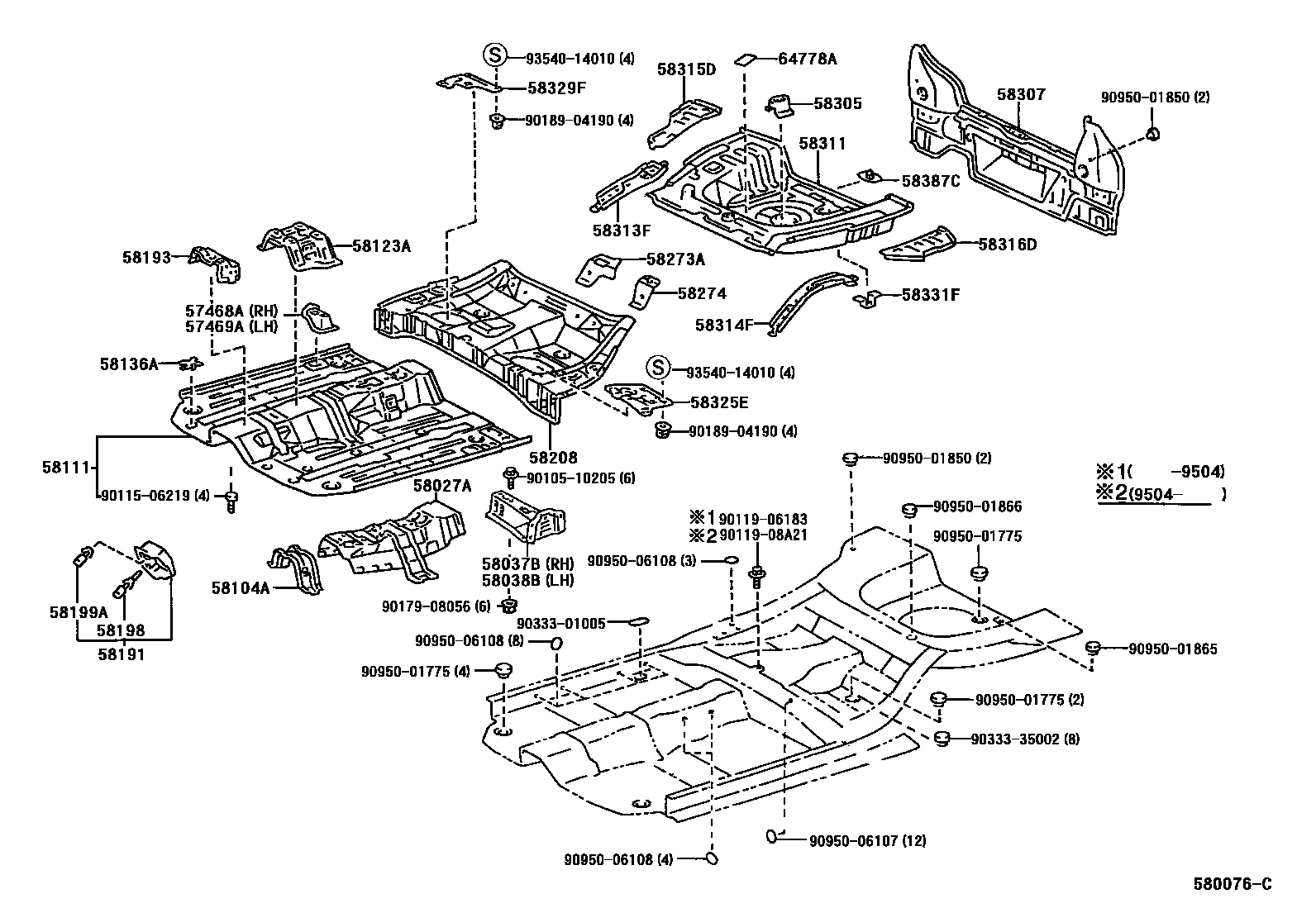 Toyota COROLLA 浅盘形地板和车身下背板 EPC diagram — 580076C