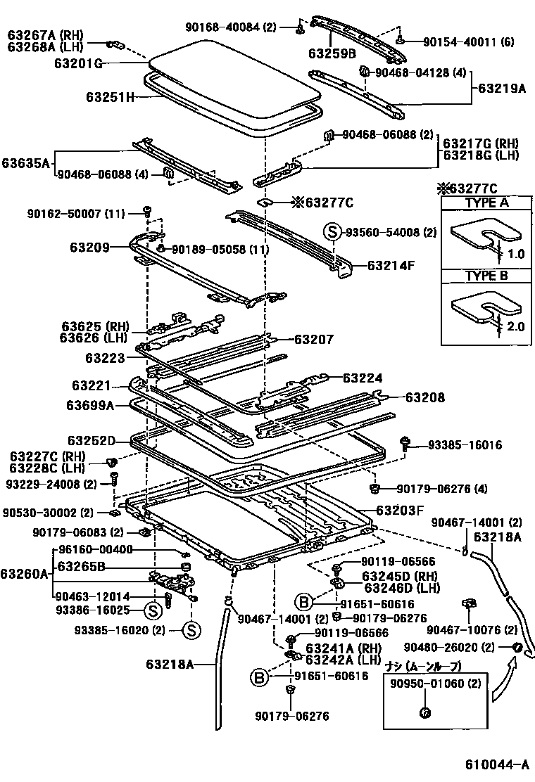 Toyota COROLLA 天窗板和背窗玻璃 EPC diagram — 610044A