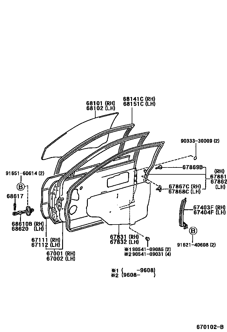 Toyota COROLLA 前门板和前门玻璃 EPC diagram — 670102B