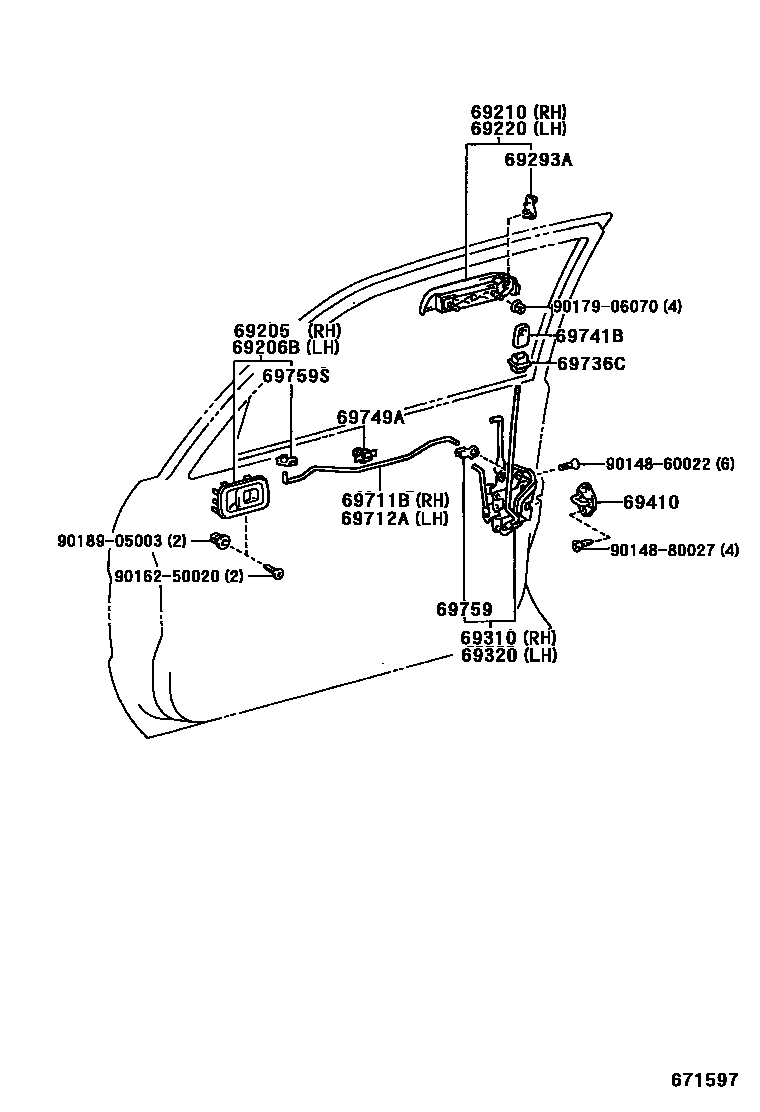 Toyota COROLLA 前门锁和车门把手 EPC diagram — 671597
