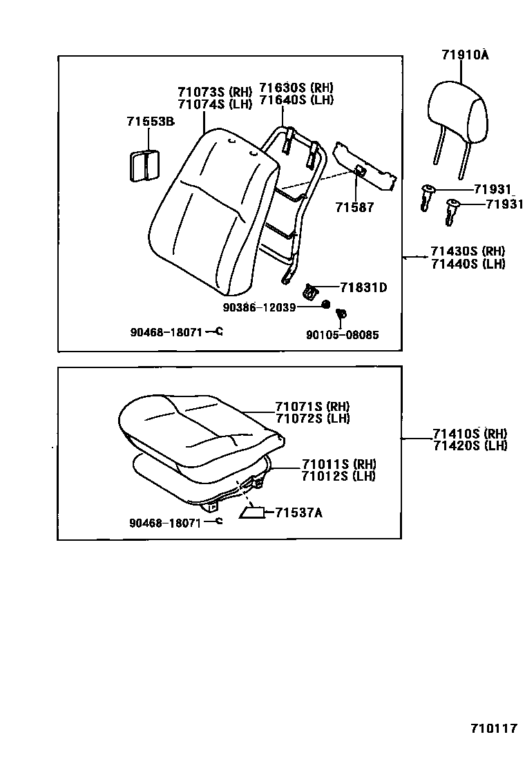 Toyota COROLLA 前排座椅和座椅滑轨 EPC diagram — 710117