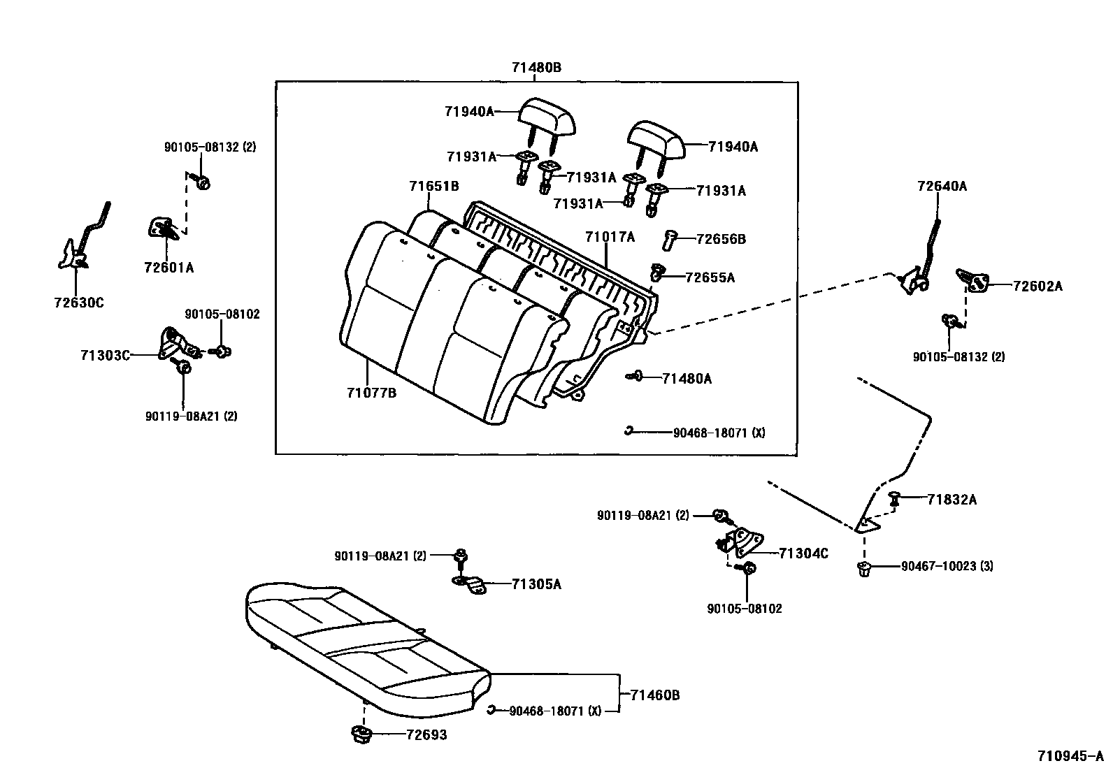 Toyota COROLLA 后排座椅和座椅滑轨 EPC diagram — 710945A