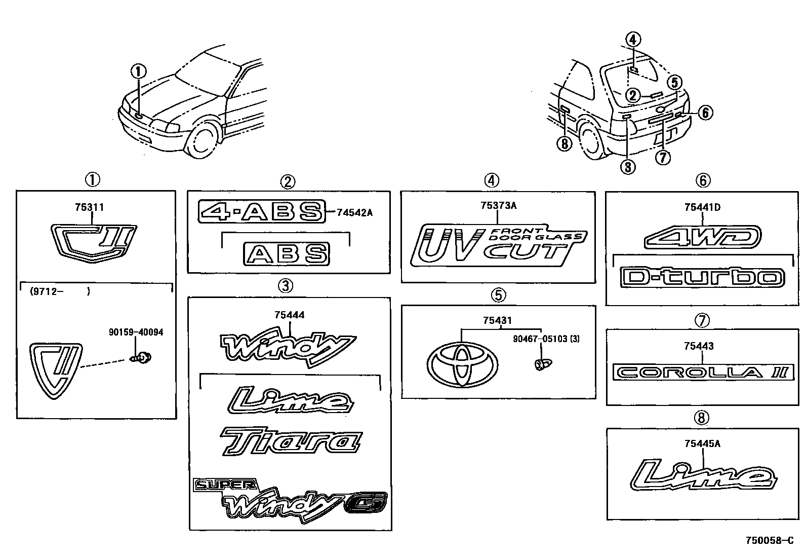 Toyota COROLLA 丰田徽标和铭牌(车外和车内) EPC diagram — 750058C