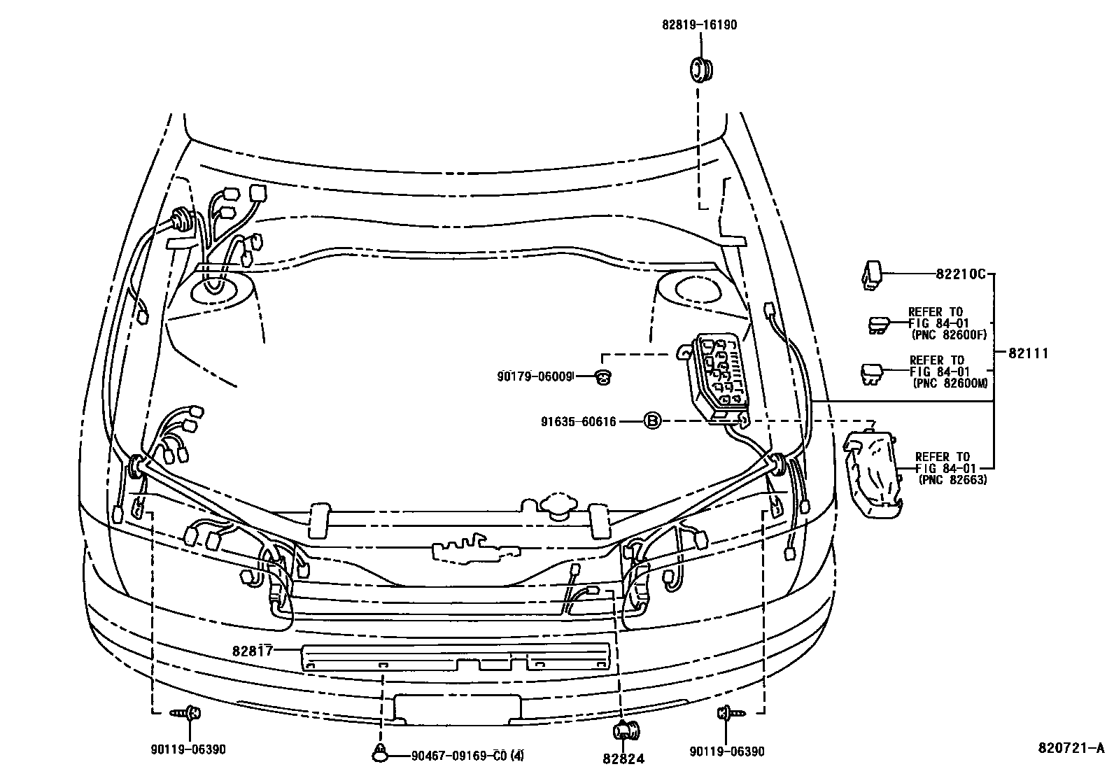 Toyota COROLLA 线束和卡夹 EPC diagram — 820721A