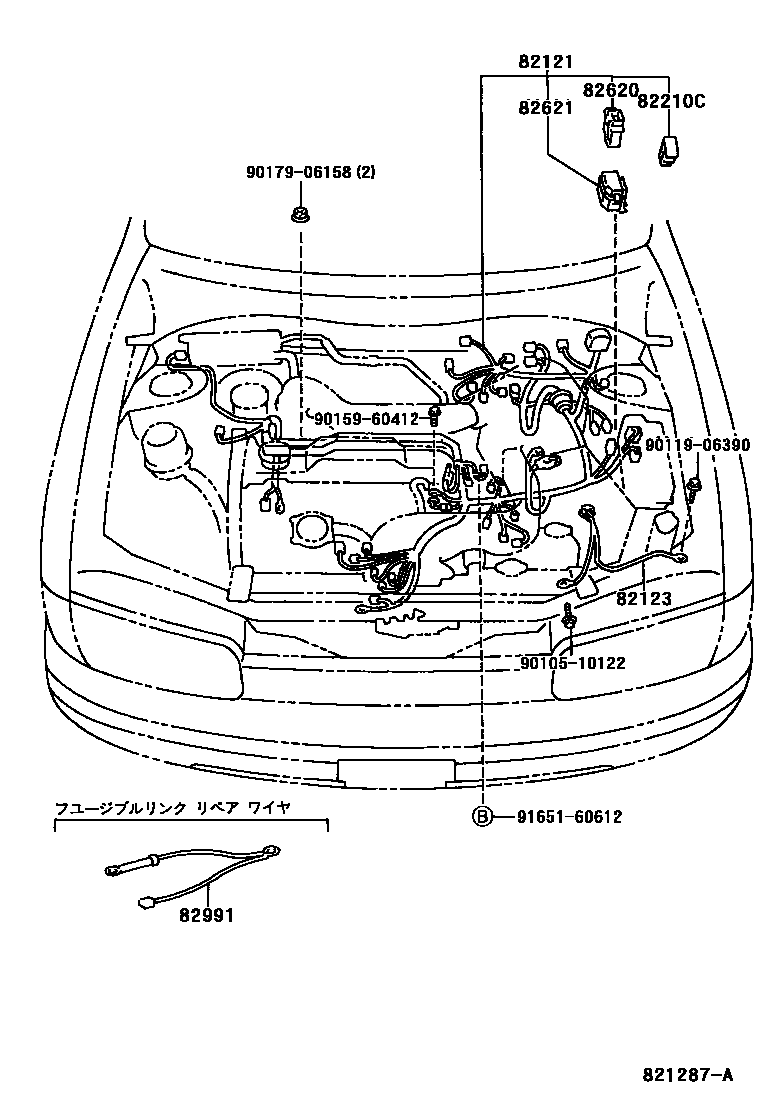 Toyota COROLLA 线束和卡夹 EPC diagram — 821287A