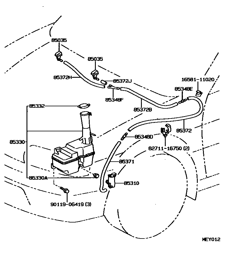Toyota COROLLA 挡风玻璃清洗器 EPC diagram — MEY012
