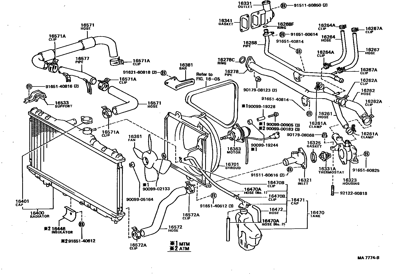 Toyota COROLLA RADIATOR & WATER OUTLET EPC diagram — MA7774B