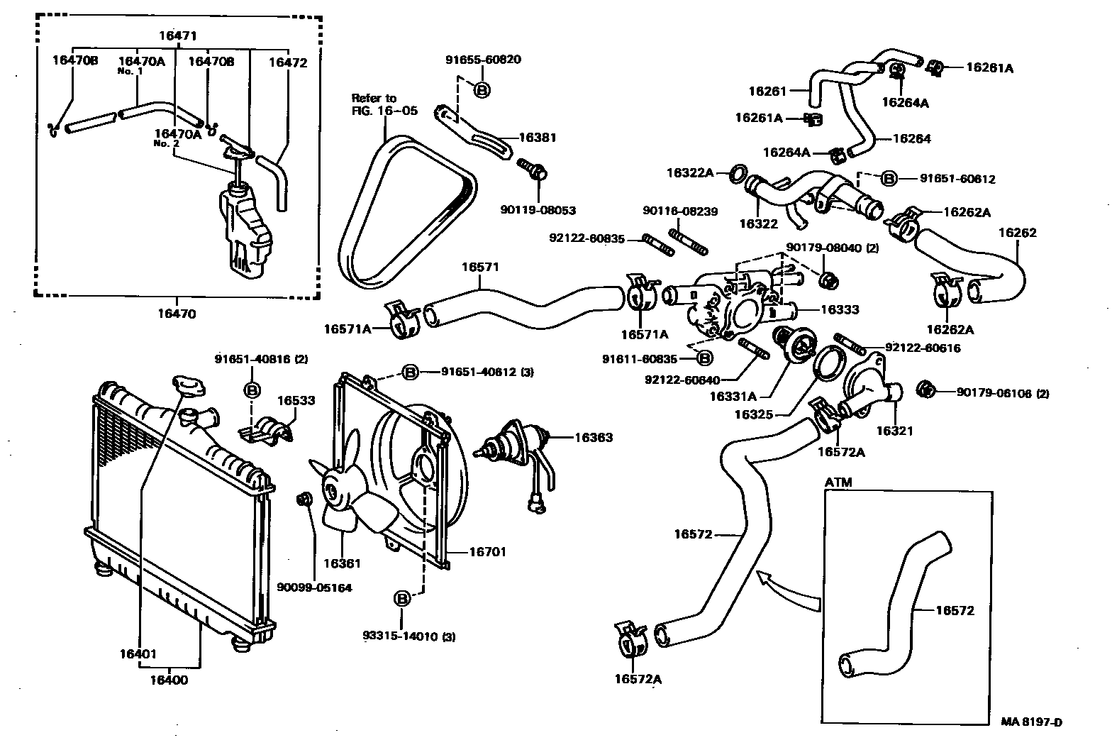 Toyota COROLLA RADIATOR & WATER OUTLET EPC diagram — MA8197D