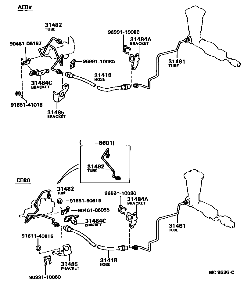 Toyota COROLLA 离合器踏板和挠性软管 EPC diagram — MC9626C