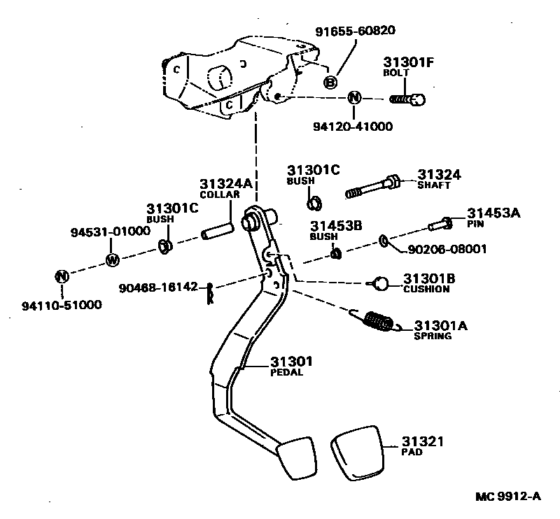 Toyota COROLLA 离合器踏板和挠性软管 EPC diagram — MC9912A