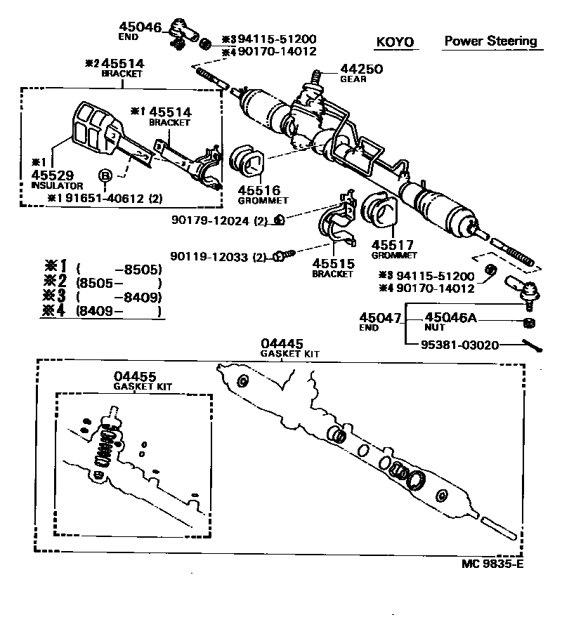 Toyota COROLLA 前转向齿轮和连杆 EPC diagram — MC9835E