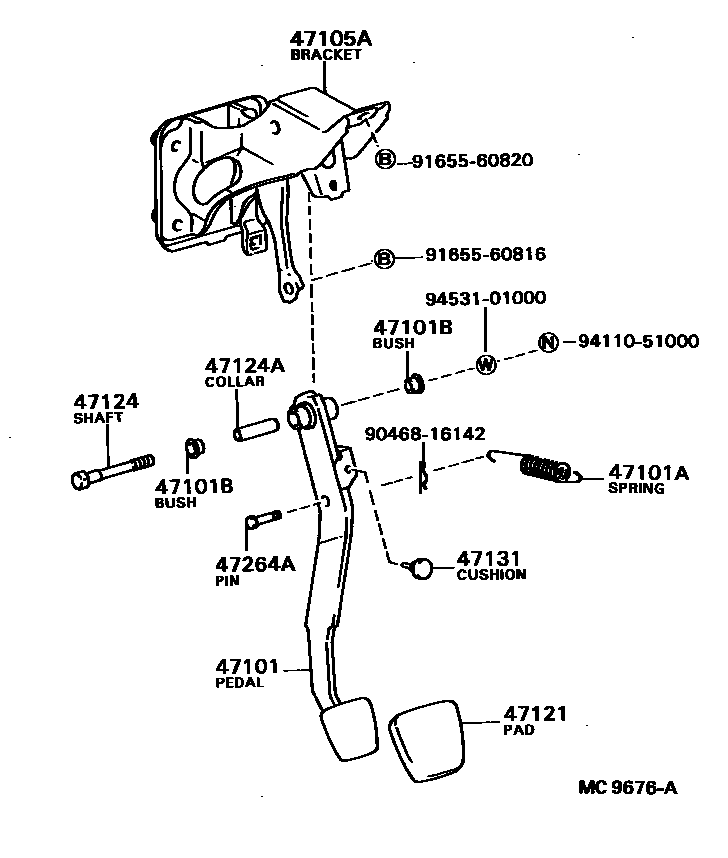 Toyota COROLLA Brake Pedal & Bracket EPC diagram — MC9676A
