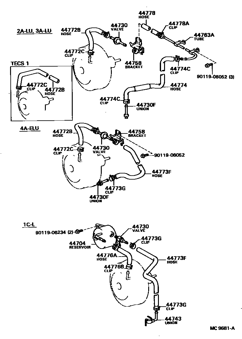 Toyota COROLLA 制动助力器和真空管 EPC diagram — MC9681A