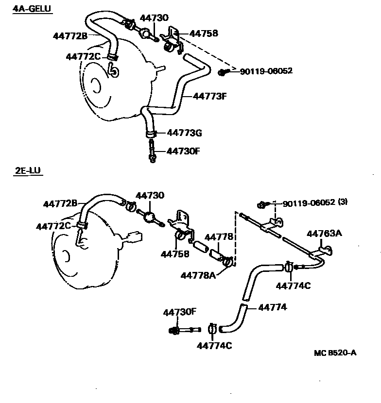Toyota COROLLA 制动助力器和真空管 EPC diagram — MCB520A