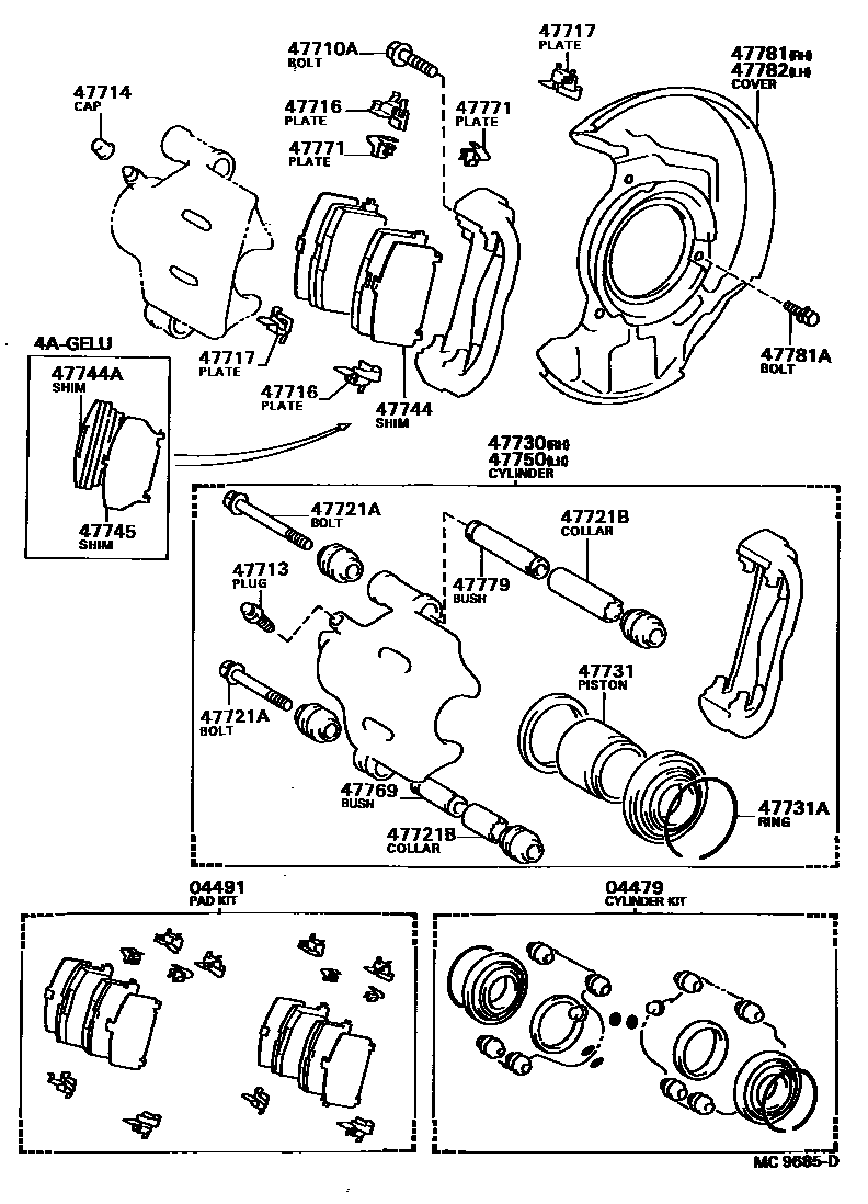 Toyota COROLLA 前盘式制动器卡钳和防尘罩 EPC diagram — MC9685D