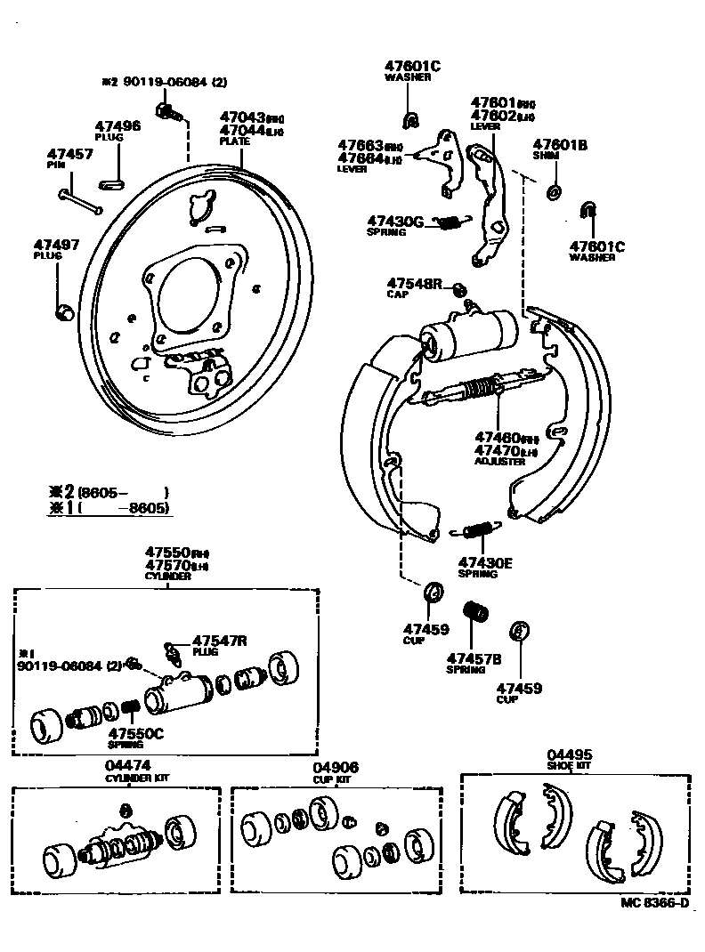 Toyota COROLLA 后鼓式制动器分泵和底板 EPC diagram — MC8366D