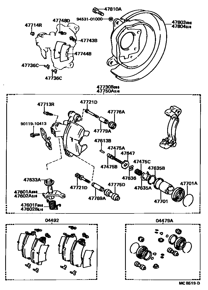 Toyota COROLLA 后盘式制动器卡钳和防尘罩 EPC diagram — MCB519D