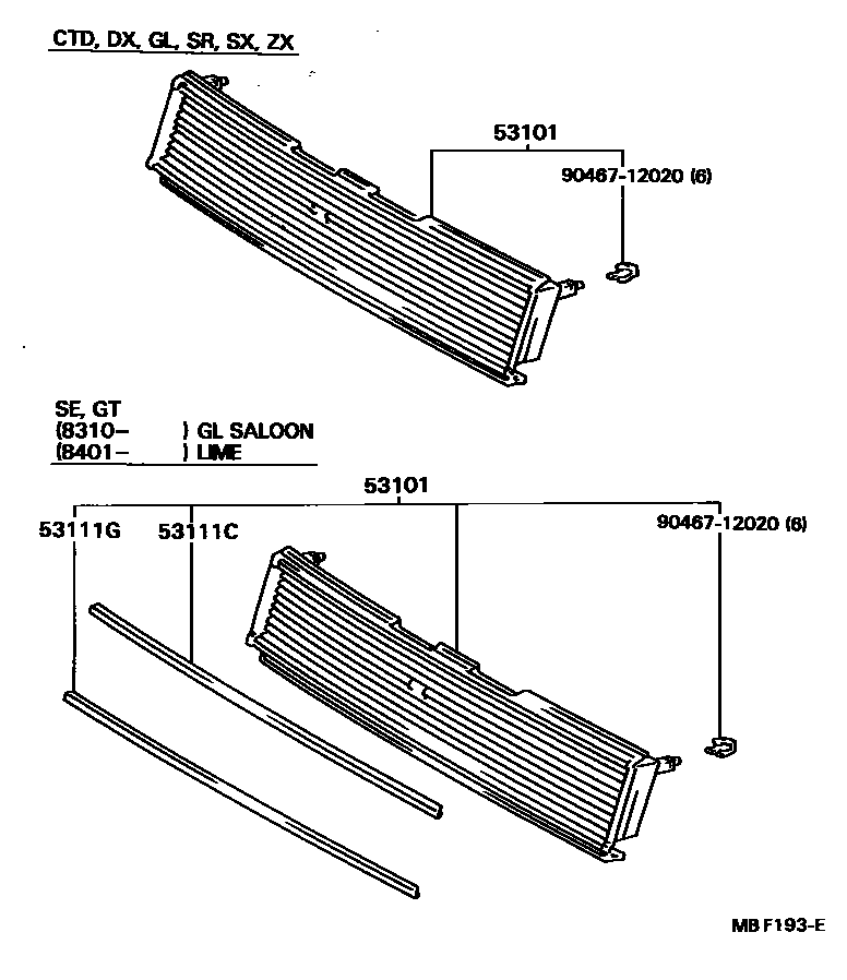 Toyota COROLLA radiator grille EPC diagram — MBF193E