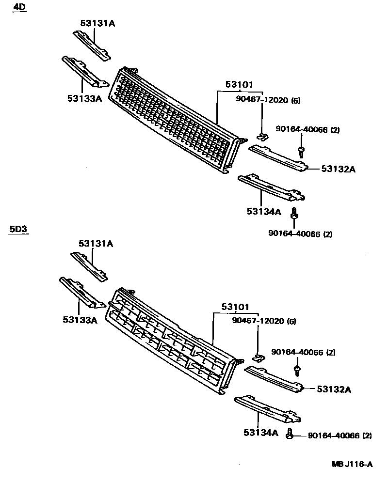 Toyota COROLLA radiator grille EPC diagram — MBJ116A