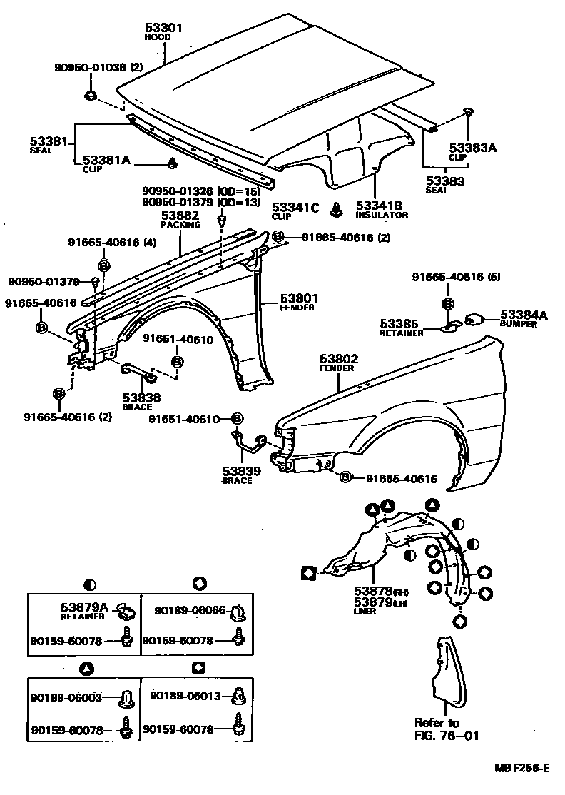 Toyota COROLLA 发动机盖和前翼子板 EPC diagram — MBF256E