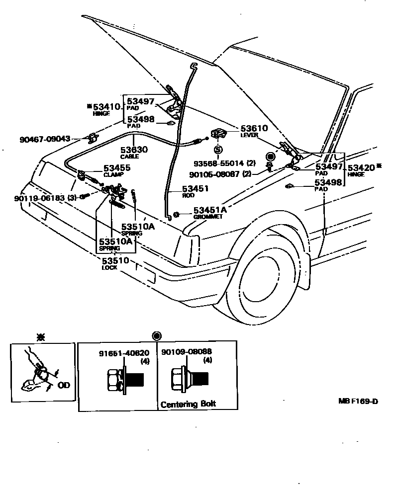 Toyota COROLLA 发动机盖锁和铰链 EPC diagram — MBF169D