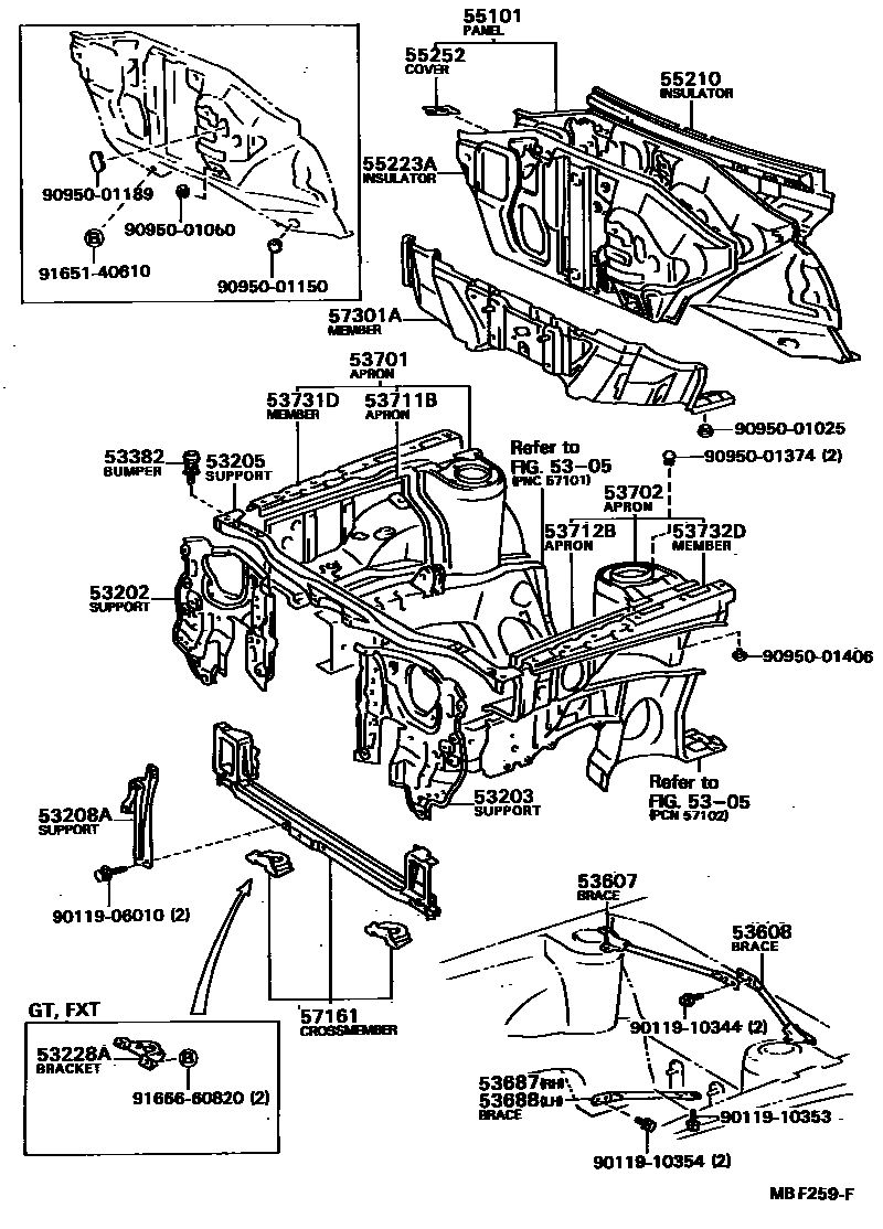 Toyota COROLLA 前翼子板挡泥板和前围板 EPC diagram — MBF259F
