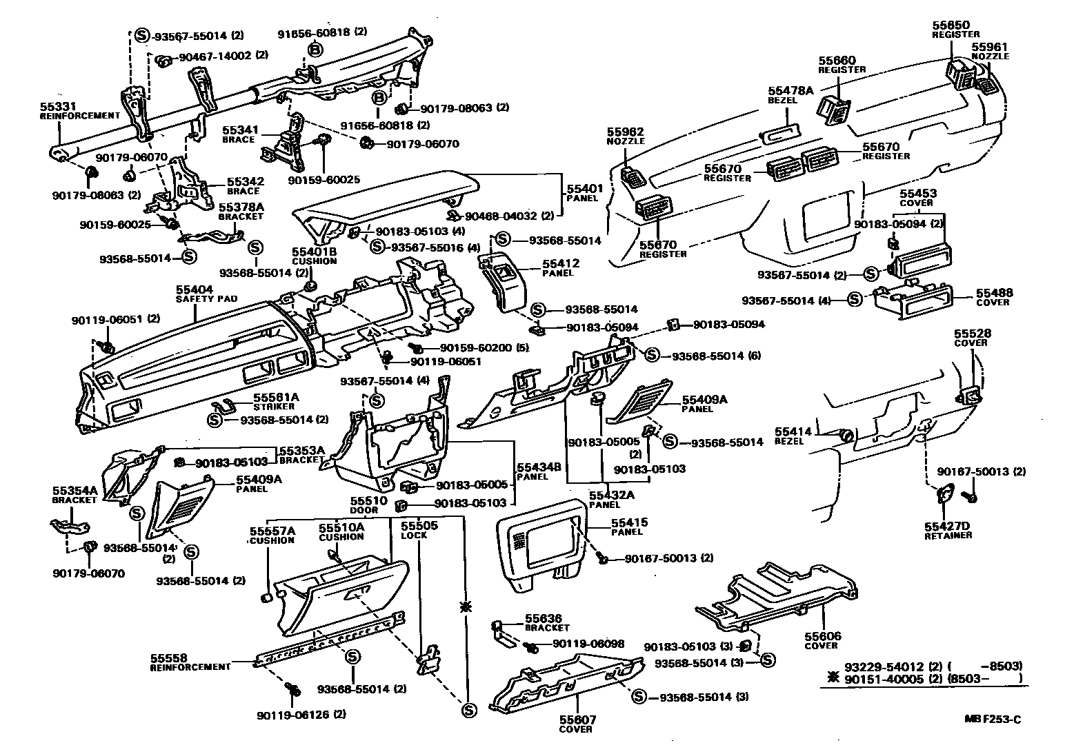 Toyota COROLLA 仪表板和手套箱 EPC diagram — MBF253C