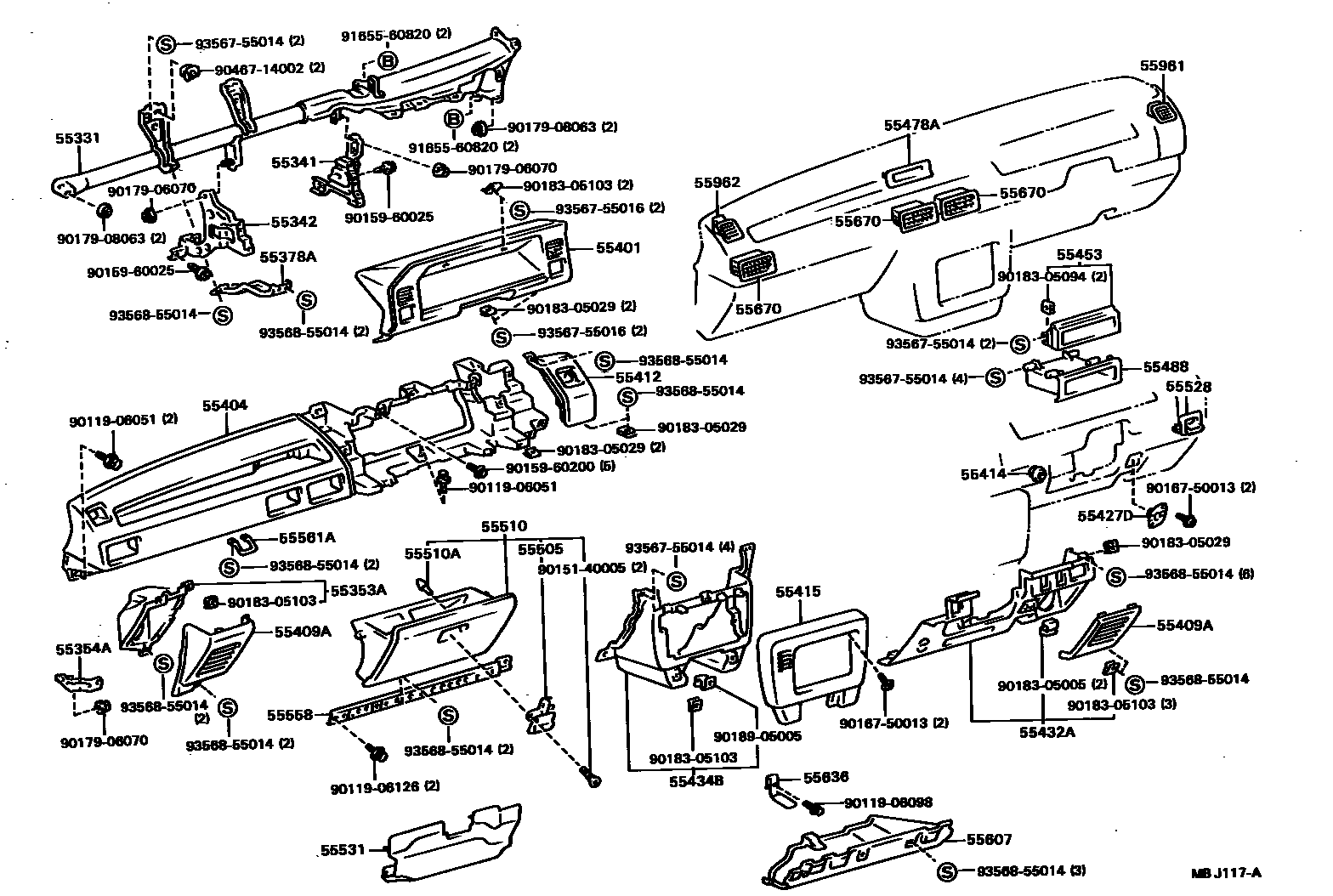 Toyota COROLLA 仪表板和手套箱 EPC diagram — MBJ117A