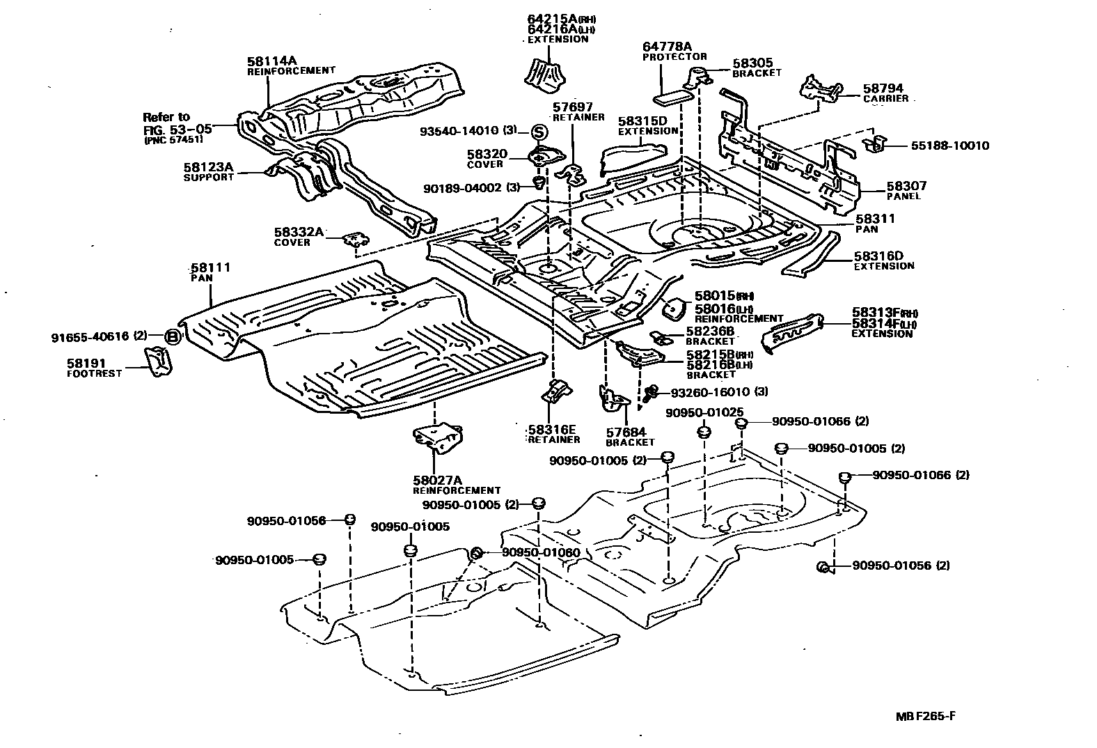 Toyota COROLLA 浅盘形地板和车身下背板 EPC diagram — MBF265F