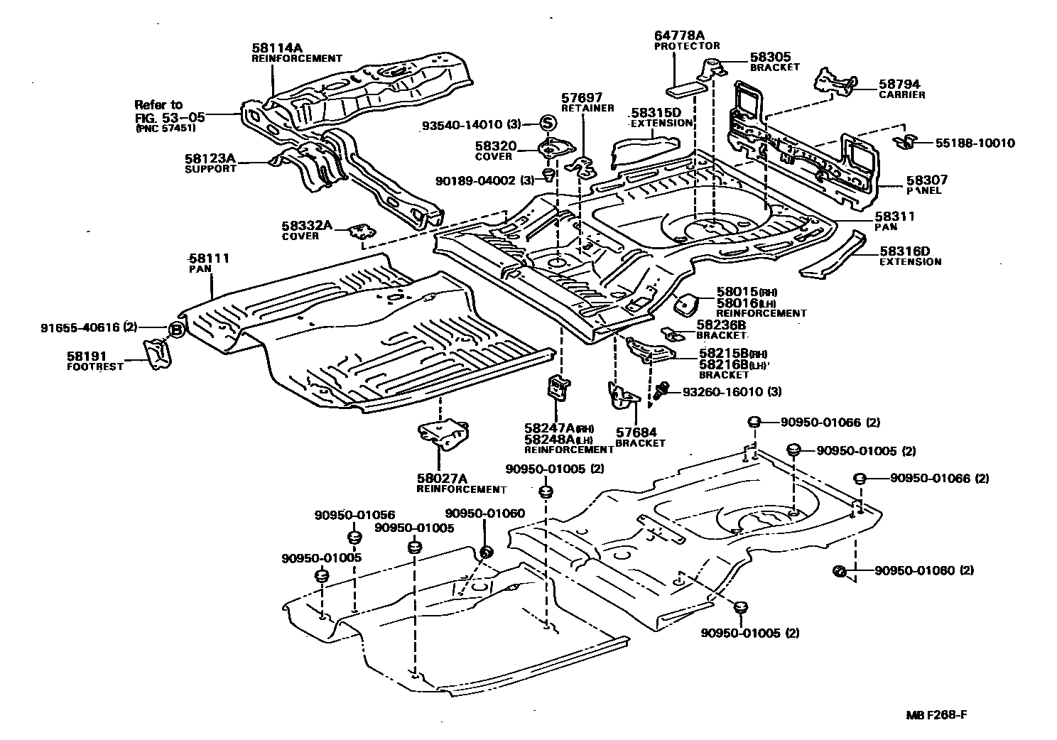 Toyota COROLLA 浅盘形地板和车身下背板 EPC diagram — MBF268F
