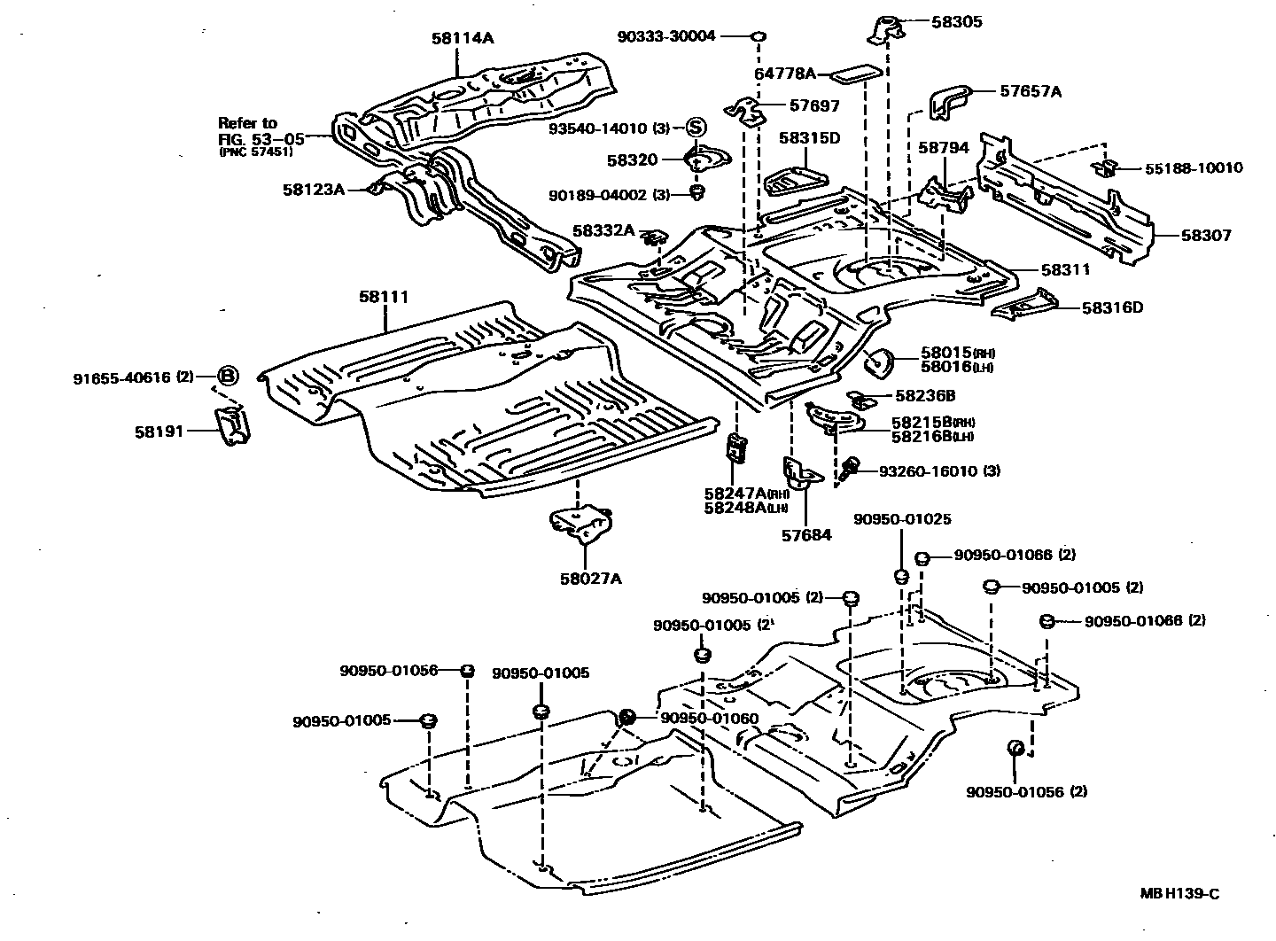 Toyota COROLLA 浅盘形地板和车身下背板 EPC diagram — MBH139C