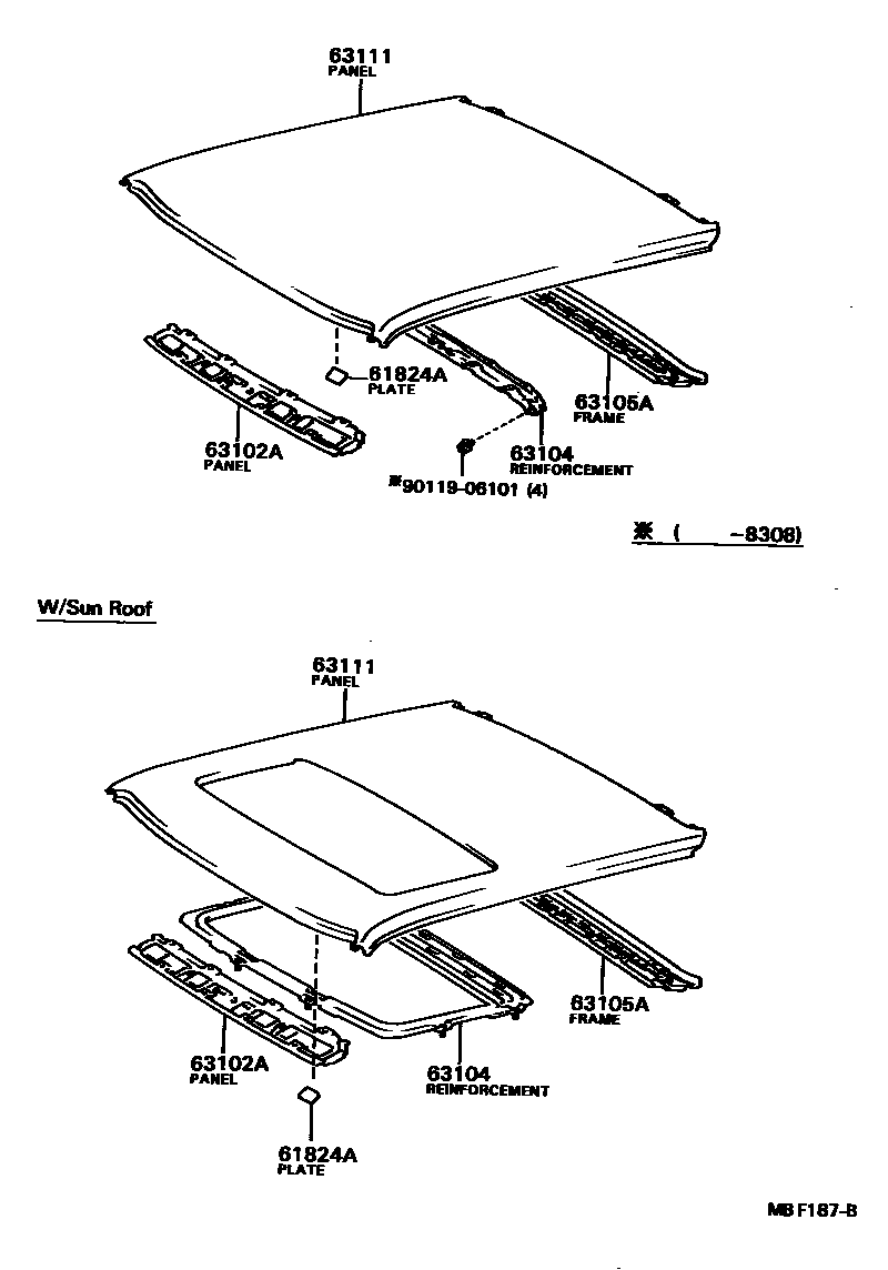 Toyota COROLLA 天窗板和背窗玻璃 EPC diagram — MBF187B