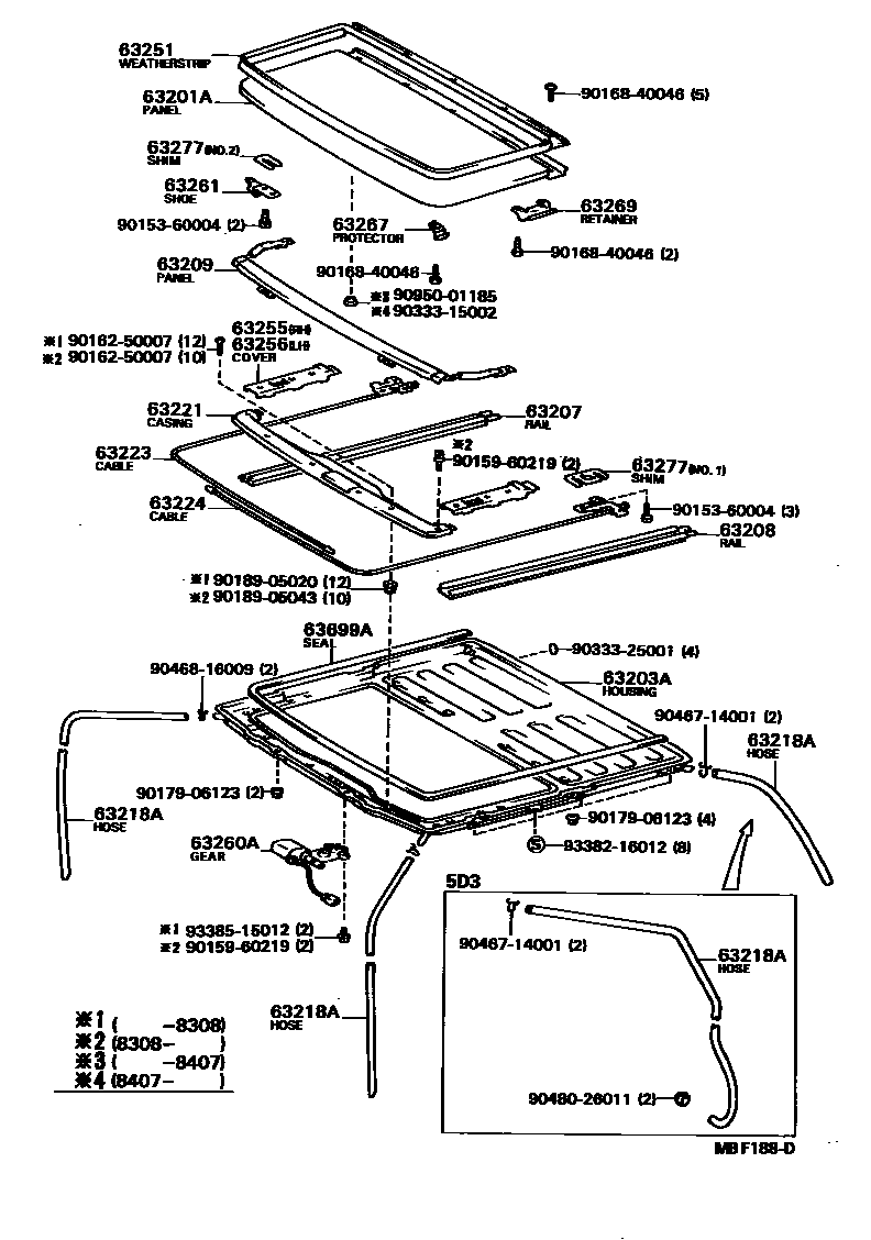 Toyota COROLLA 天窗板和背窗玻璃 EPC diagram — MBF188D