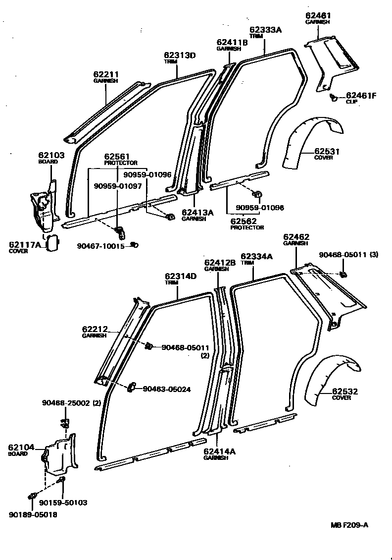 Toyota COROLLA 内饰板和车门防水胶条 EPC diagram — MBF209A