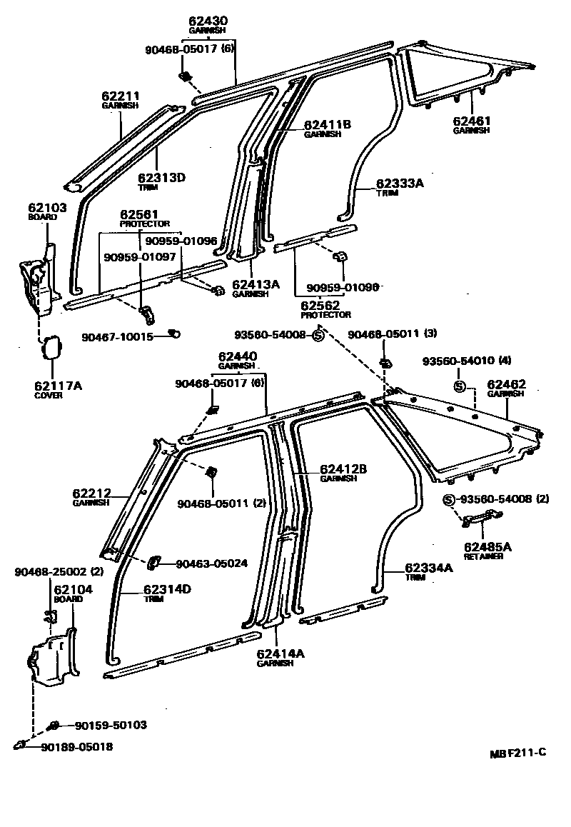 Toyota COROLLA 内饰板和车门防水胶条 EPC diagram — MBF211C