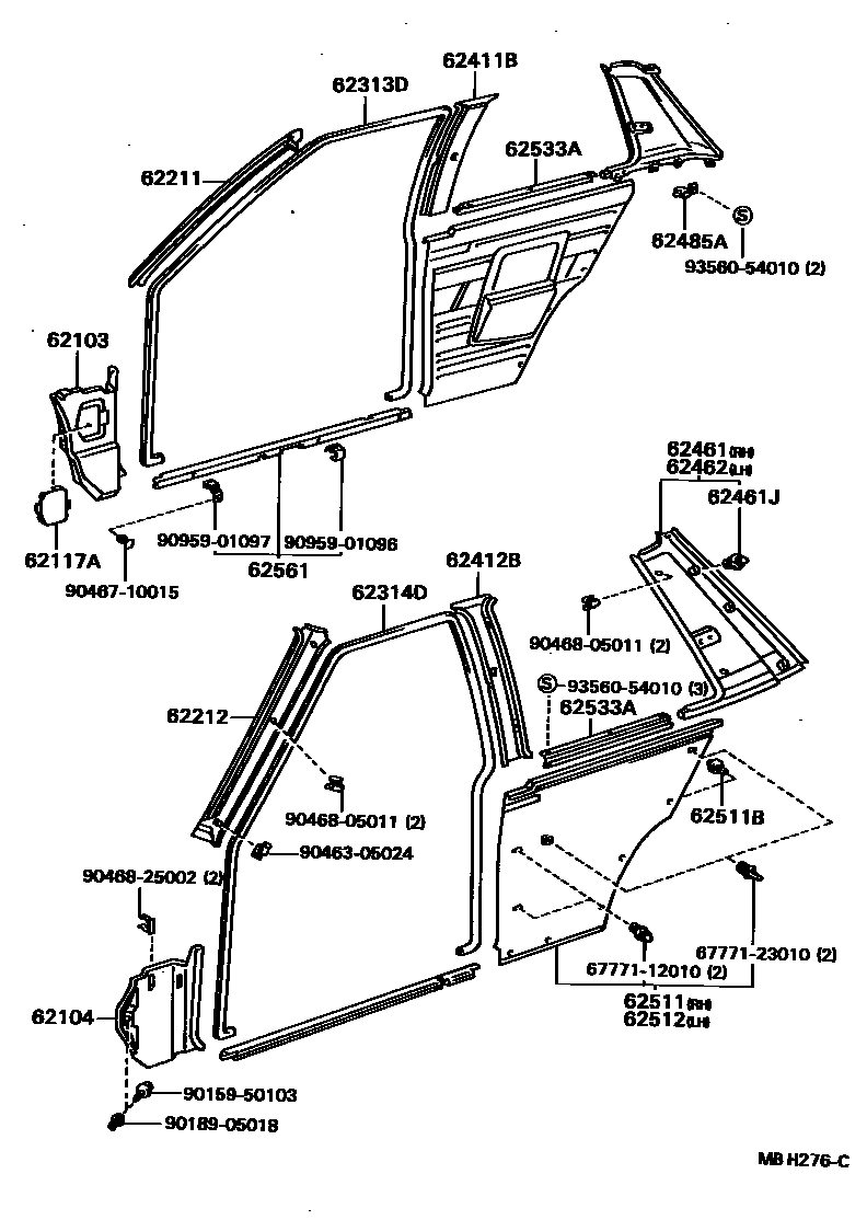 Toyota COROLLA 内饰板和车门防水胶条 EPC diagram — MBH276C