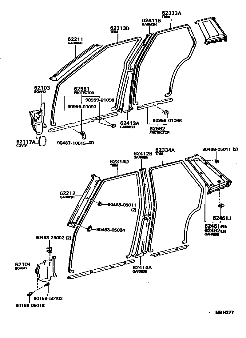 Toyota COROLLA 内饰板和车门防水胶条 EPC diagram — MBH277
